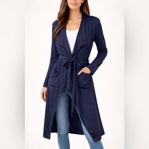 Leith Navy Blue Longline Drape Open Front Belted Cardigan Jacket Size M